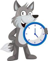 wolf met klok, illustratie, vector Aan wit achtergrond.