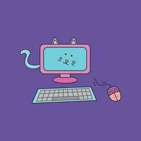 illustratie vector grafisch kinderen tekening stijl grappig schattig computer kat met toetsenbord en muis in een tekenfilm stijl.