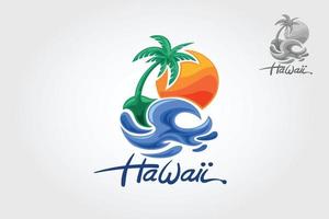 Hawaï vector logo illustratie. water oceaangolven met zon, palmboom en strand, voor restaurant en hotel.