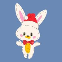 schattig konijn in een hoed santa's en met een boog. mascotte 2023. geïsoleerd vlak vector illustratie.