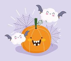happy halloween, pompoen, wolken, vleermuizen en spinnenweb vector