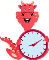 rood draak is Holding een klok, illustratie, vector Aan wit achtergrond.