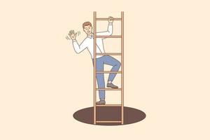 bedrijf succes en ontwikkeling concept. jong glimlachen zakenman tekenfilm karakter golvend hand- staand Aan ladder beklimming omhoog vector illustratie