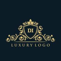 brief di logo met luxe goud schild. elegantie logo vector sjabloon.