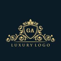 brief ga logo met luxe goud schild. elegantie logo vector sjabloon.