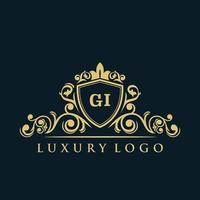 brief gi logo met luxe goud schild. elegantie logo vector sjabloon.