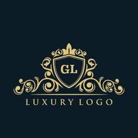 brief gl logo met luxe goud schild. elegantie logo vector sjabloon.