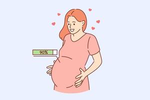 gelukkig zwangerschap werkwijze en verwachting concept. gelukkig jong zwanger vrouw omarmen buik met 90 procent van zwangerschap en verwachting binnen gevoel liefde vector illustratie