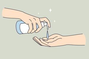 hand- ontsmettingsmiddel en schoonmaak concept. menselijk handen trekken zeep of ontsmettingsmiddel voor hygiëne een naar een ander vector illustratie