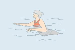 ouderen mensen actief levensstijl concept. oud volwassen positief vrouw tekenfilm karakter zwemmen in water gevoel Super goed vector illustratie