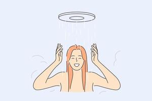 nemen douche en ontspanning concept. jong glimlachen vrouw staand genieten van zacht douche water druppels aan het doen welzijn procedure behandeling vector illustratie