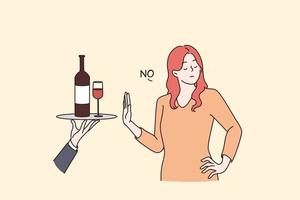 gezond levensstijl en vermijden alcohol concept. jong vrouw staand gezegde Nee naar alcohol weigeren van glas van wijn met verheven hand- vector vlak illustratie
