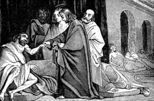 Jezus geneest een Mens ziek van de verlamming wijnoogst illustratie. vector
