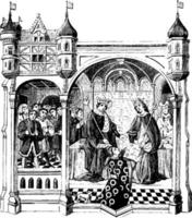 talbot presenteren een boek van romances naar koningin Margaretha, wijnoogst gravure. vector