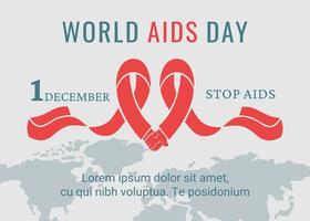 wereld AIDS dag spandoek. rood lint net zo symbool van de AIDS controle. ondersteuning voor hiv geïnfecteerde mensen. wereld kaart met belettering. vector illustratie