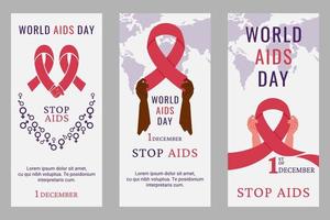 reeks van flyers, posters voor wereld AIDS dag. menselijk handen van verschillend kleur en nationaliteit Holding rood lintje. aarde, belettering, elementen voor ieder doeleinden. ondersteuning voor hiv geïnfecteerde mensen. vector