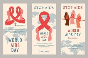 reeks van flyers, posters voor wereld AIDS dag. menselijk handen van verschillend kleur en nationaliteit Holding rood lintje. aarde, belettering, elementen voor ieder doeleinden. ondersteuning voor hiv geïnfecteerde mensen. vector