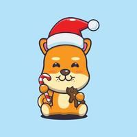 schattig shiba inu hond aan het eten Kerstmis koekjes en snoep. schattig Kerstmis tekenfilm illustratie. vector