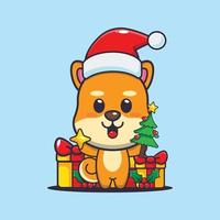 schattig shiba inu hond Holding ster en Kerstmis boom. schattig Kerstmis tekenfilm illustratie. vector