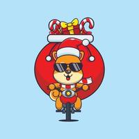 schattig shiba inu hond draag- Kerstmis geschenk met motorfiets. schattig Kerstmis tekenfilm illustratie. vector
