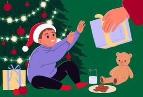 kind krijgt een Kerstmis Cadeau Bij Kerstmis boom vector