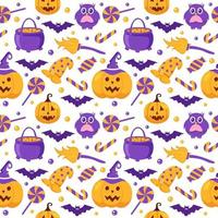 halloween naadloos patroon ontwerp met heks, achtervolgd huis, pompoenen of vleermuizen in sjabloon hand- getrokken tekenfilm vlak illustratie vector