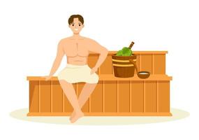 sauna en stoom- kamer met mensen kom tot rust, het wassen hun lichamen, stoom- of genieten van tijd in vlak tekenfilm hand- getrokken Sjablonen illustratie vector