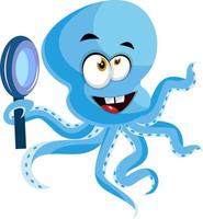 Octopus met vergroten glas, illustratie, vector Aan wit achtergrond.