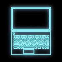 helder lichtgevend blauw digitaal neon teken voor een op te slaan of werkplaats onderhoud centrum mooi glimmend met een modern compact laptop computer laptop Aan een zwart achtergrond. vector illustratie