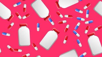 eindeloos naadloos patroon van medisch wetenschappelijk medisch items van farmacologische potten voor pillen en geneeskunde pillen capsules Aan een roze achtergrond. vector illustratie