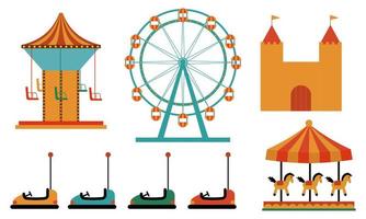 amusement park attracties. carnaval kinderen carrousel, ferris wiel attractie en grappig kermis e vector