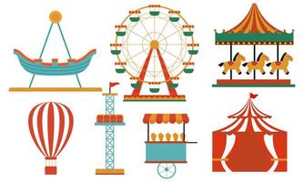 amusement park attracties. carnaval kinderen carrousel, ferris wiel attractie en grappig kermis e vector