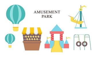 amusement park attracties. carnaval kinderen carrousel, ferris wiel attractie en grappig kermis e vector