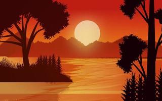 zonsondergang tafereel in Woud. gloeiend Woud lucht met bergen landschap achtergrond illustratie vector