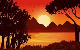 zonsondergang tafereel in Woud. gloeiend Woud lucht met bergen landschap achtergrond illustratie vector