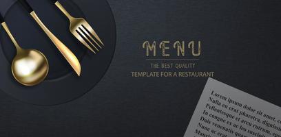 realistisch 3d gouden vork, mes en lepel Aan een zwart grunge achtergrond. modieus modern poster voor een restaurant. top visie vector illustratie.
