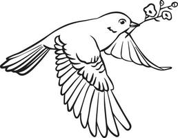 een vogel met een Afdeling in haar bek. hand getekend tekening in zwart en wit. voor illustraties en kleuren boeken. vector