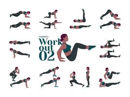 Dames training set. Dames aan het doen geschiktheid en yoga opdrachten. uitvalt, Opdrukken, hurken, halter rijen, burpees, kant planken, situ ps, bilspieren brug, been salarisverhoging, Russisch twist, kant knarsen .enz vector