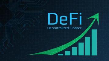 defi - gedecentraliseerd financiën - tekst De volgende naar een groen omhoog pijl en een tabel geregisseerd omhoog. donker blauw achtergrond. horizontaal. vector eps10.