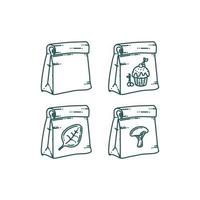 papier zak met verschillend afdrukken. meenemen papier zak met voedsel of andere producten. tekening vector illustratie