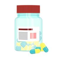 transparant plastic, blauw amber glas flessen voor geneesmiddelen vol van pillen of dragee flesjes Gesloten met pet geïsoleerd vector