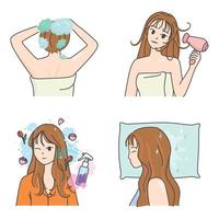 vrouw gebruik makend van haar- zorg producten na shamponeren stap kawaii tekening vlak tekenfilm vector illustratie