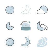 minimaal schattig maan sticker reeks kawaii tekening vlak tekenfilm vector illustratie