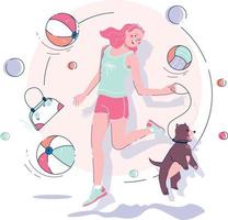 zomer vakantie jumping vrouw met hond huisdier vector