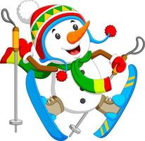 een gelukkig sneeuwman is jumping en spelen met blauw ijs het schaatsen vector
