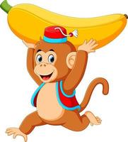 de circus aap spelen en Holding omhoog de groot geel banaan vector