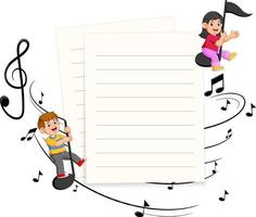 twee kinderen rijden muziek- aantekeningen met papier blanco achtergrond vector