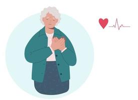 ouderen vrouw met hart aanval, pijn aanraken borst. cardiovasculair ziekte concept vector