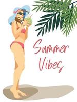 vector meisje genieten van cocktail Aan de strand. poster met zomer gevoel tekst inbegrepen