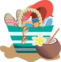 schattig en kleurrijk strand item reeks met strand tas, hoed, zonnebril, slippers en zonnebrandmiddelen vector